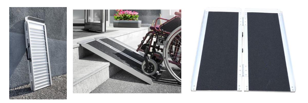 Auffahrrampen für Rollstühle, nachfolgender Beschaffenheit:

- aus Aluminium
- klappbar
- in den Abmessungen von etwa 91x74 cm (Länge x Breite)
- bestehend aus zwei annähernd rechteckigen Gliedern, die durch zwei Scharniere miteinander verbunden sind
- Tragegriff aus Kunststoff
- Die Auffahrrampen lassen sich in Längsrichtung falten und weisen eine mit rutschhemmender Schicht überzogene Fahrfläche, zwei Aufkantungen an beiden langen Seiten auf.  

Die in einem bedruckten Karton verpackten Erzeugnisse dienen zur Überwindung von Hindernissen wie Treppen, Absätzen und dergleichen mit dem Rollstuhl in der Aufmachung zum Einzelverkauf.

-Antragstellerangaben-
Abbildung siehe Anlage

Bei den aus verschiedenen Stoffen zusammengesetzten Auffahrrampen sind die unedlen Metalle im Hinblick auf die Bedeutung für die Verwendung und den Umfang charakterbestimmend.
Innerhalb der unedlen Metalle herrscht Aluminium gegenüber jedem anderen unedlen Metall gewichtsmäßig vor.

Derartige Erzeugnisse gehören als "andere (als in den TARIC-Codes 7616 1000 10 bis 7616 9990 91 genannte) Waren aus Aluminium" in den TARIC-Code 7616 9990 99.
