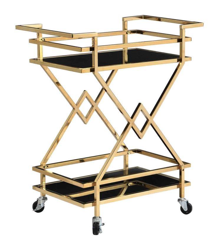 Bei dem "WOHNLING Servierwagen Gold" handelt es sich um ein aus verschiedenen Stoffen zusammengesetztes Möbel auf Rollen mit den Maßen 65 cm x 80 cm x 40 cm (B x H x T).
Der Servierwagen besitzt zwei Ebenen aus dunklem Glas sowie Metallumrandungen und ein Metallgestell. 

Das Erzeugnis dient der Ablage und dem Transport von Gegenständen und stellt sich somit als mobiles Regal dar.

Der stoffliche Charakter der aus verschiedenen Stoffen zusammengesetzten Ware wird aufgrund der Bedeutung der tragenden Teile durch das Metall bestimmt.

Das auf den Boden zu stellende Möbel dient der Einrichtung von Wohnungen.

Die noch nicht zusammengesetzte und verpackte Ware ist als "anders als in den Positionen 9401 bis 9402 erfasstes Möbel aus Metall, nicht von der in Büros verwendeten Art, kein Bett" einzureihen.