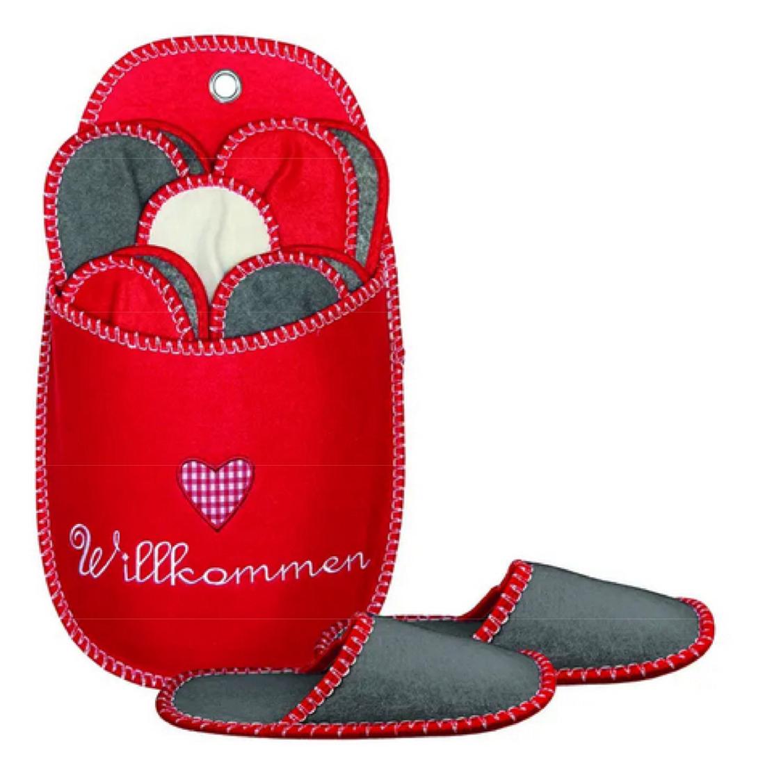 Pantoffeln (Gästepantoffel-Set), Größe 34-45, Foto siehe Anlage,
- an einem bedruckten Pappaufhänger befestigt,
- in einem besonders gestalteten, überdimensionierten, bestickten "Pantoffel" aus Spinnstoffen 
  aufgemacht,
- 6 Pantoffelpaare, in unterschiedlichen Größen, jeweils: 
-- mit Laufsohlen aus Spinnstoffen (den größten Teil der Berührungsfläche mit dem Boden 
    bildend) und rutschhemmenden Kunststoffnoppen,
-- mit weichem, labilem Oberteil aus Spinnstoffen,
-- an der Einschlupföffnung sowie am Übergang zur Sohle mit einer Randeinfassung aus einem 
   Häkelgalonband aus Spinnstoffen verstärkt und einer kontrastfarbenen Überwendlichnaht
   verziert.

"Schuhe (Pantoffeln), andere als in den Positionen 6401 bis 6404 genannte, mit Oberteil und
 Laufsohlen aus Spinnstoffen"