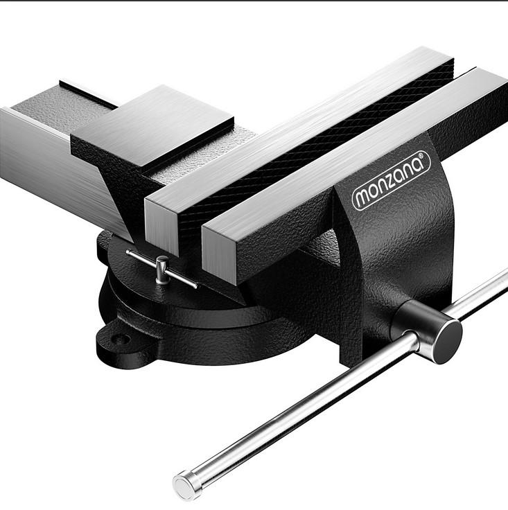 "Schraubstock mit Amboss"
Warenzusammenstellung in Aufmachung für den Einzelverkauf, bestehend aus

- einer Ware mit verschiedenen Funktionen aus

- -einem Schraubstock (Pos. 8205), mit einer festen Pressbacke und einer Pressbacke, die mittels einer Gewindespindel mit Handgriff bewegt werden kann

- - je nach Typ mit einer Backenbreite von 125 oder 150 mm und einer maximalen Spannweite 142 mm

- - einer sog. Schlagplatte (Pos. 7326) in Form einer flachen Platte hinter den Pressbacken 

- - die vollständig aus Stahl gefertigte Ware befindet sich auf einem um 360° drehbaren Teller, der mittels Gewindespindel arretiert wird und Löcher zur Montage auf einer Werkbank aufweist

- - aufgrund der verschiedenen Funktionen ist das Erzeugnis, unter Anwendung der AV 3 c) in die zuletzt genannte der gleichermaßen in Betracht kommenden Positionen (=Pos. 8205) einzureihen

- und einer sog. Bohrschablone

- gemeinsam in einer Verkaufsverpackung eingelegt

Die Ware mit verschiedenen Funktionen bestimmen im Hinblick auf die Bedeutung für die Verwendung, den Wert, den Umfang und das Gewicht  den Charakter derWarenzusammenstellung.

Abbildung siehe Anlage.

Derartige Erzeugnisse gehören als "Schraubstöcke, Schraubzwingen und dergleichen, die nicht Teile oder Zubehör von Werkzeugmaschinen sind" zum TARIC-Code 8205 7000 00.