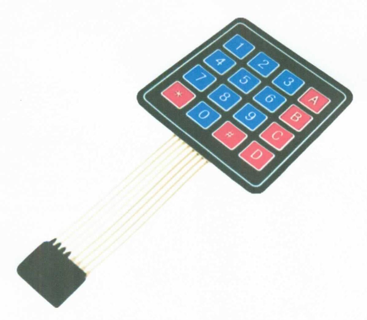 Folientastatur, sog. "4 x 4 Matrix Keypad",
- aus 16 Tastern (in rot bzw. blau) auf einem gemeinsamen, nahezu quadratischen Träger 
  (Abmessungen: ca. 76 mm x 69 mm), mit schwarzer Kunststoffoberfläche und 
  rückseitigem Klebepad versehen, mit achtpoligem Folienleiteranschuss (Länge: ca. 
  88 mm) ausgerüstet mit teilweise miteinander verschalteten Einzelschaltern; 
- für eine Spannung von max. 24 VDC;
- nicht speicherprogrammierbar;
- zur Verwendung als manuelle Bedieneinheit.

Die Ware ist als "Träger, mit mehreren Geräten der Position 8536 ausgerüstet, zum elektrischen Schalten, für eine Spannung von 1000 V oder weniger, nicht für bestimmte Luftfahrzeuge; Tastatur aus Kunststoff, auch bedruckt oder oberflächenbehandelt, mit mit elektrisch leitenden Kontaktelementen" einzureihen.