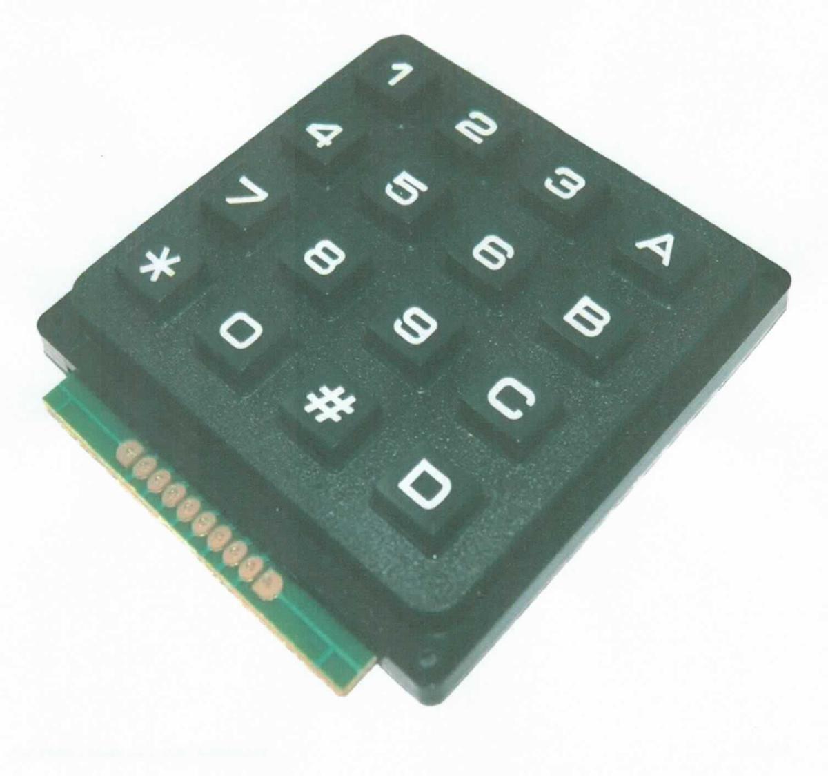 Folientastatur, sog. "4 x 4 Matrix Keypad",
- aus 16 Tastern (in rot bzw. blau) auf einem gemeinsamen, nahezu quadratischen Träger, 
  mit schwarzer Kunststoffoberfläche und rückseitigem Klebepad versehen, mit 
  zehn Anschlüssen aus einer gedruckten Schaltung ausgerüstet; mit teilweise 
  miteinander verschalteten Einzelschaltern; 
- für eine Spannung von weniger als 1.000 V;
- nicht speicherprogrammierbar;
- zur Verwendung als manuelle Bedieneinheit.

Die Ware ist als "Träger, mit mehreren Geräten der Position 8536 ausgerüstet, zum elektrischen Schalten, für eine Spannung von 1000 V oder weniger, nicht für bestimmte Luftfahrzeuge; Tastatur aus Kunststoff, auch bedruckt oder oberflächenbehandelt, mit mit elektrisch leitenden Kontaktelementen" einzureihen.