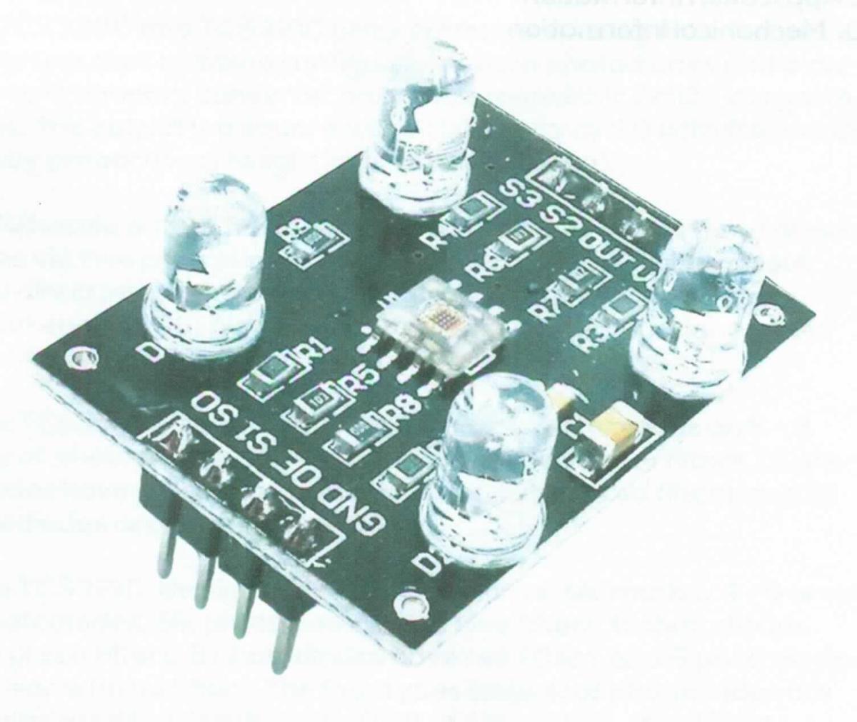 Farbsensor, im Wesentlichen bestehend aus einer Leiterplatte (7,7 x 7 cm), welche mit einem RGB-CMOS-Sensor, vier Leuchtdioden (Weißlicht), verschiedenen Widerständen und Kondensatoren sowie einer Kontaktleiste (siehe Abbildung in der Anlage). Verschiedenfarbiges Licht, welches auf den Sensor fällt, wird in ein dem Farbton entsprechendes Rechtecksignal mit spezifischer Frequenz umgewandelt.
Die Ware wird als "Gerät für physikalische oder chemische Untersuchungen, optische Strahlen verwendend, nicht von den Unterpositionen (HS) 9027 10 bis 9027 30 erfasst" eingereiht.