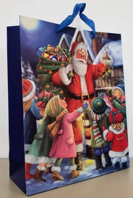 Es handelt sich um einen etwa 26 x 10 x 32 cm (L x B x H) großen Blockbodenbeutel aus mit dünner Kunststofffolie überzogenem Papier. Das Papier ist auf der Außenseite im Wesentlichen mit einem weihnachtlichen Aufdruck (Weihnachtsmann und Kinder) farbig bedruckt und zusätzlich auf der Vorderseite an einzelnen Stellen mit Glitzer verziert (z. B. am Bart des Weihnachtsmannes). Der rechteckige Boden ist innen mit einem Pappzuschnitt verstärkt. Der obere Rand des Beutels ist nach innen eingeschlagen und je Seite zweimal gelocht. Durch jedes Lochpaar ist ein als Trageschlaufe dienendes Spinnstoffband gezogen. Der Beutel ist auf der Innenseite am oberen Rand mittig mit einem perforierten Papphaken beklebt und auf der Unterseite befindet sich ein Klebeetikett mit Produktinformationen. 

Abbildung siehe Anlage. 

Derartige Waren gehören als "andere Säcke, Beutel oder Tüten aus Papier und Pappe, ausgenommen Schallplattenhüllen" zum TARIC-Code 4819 4000 00.