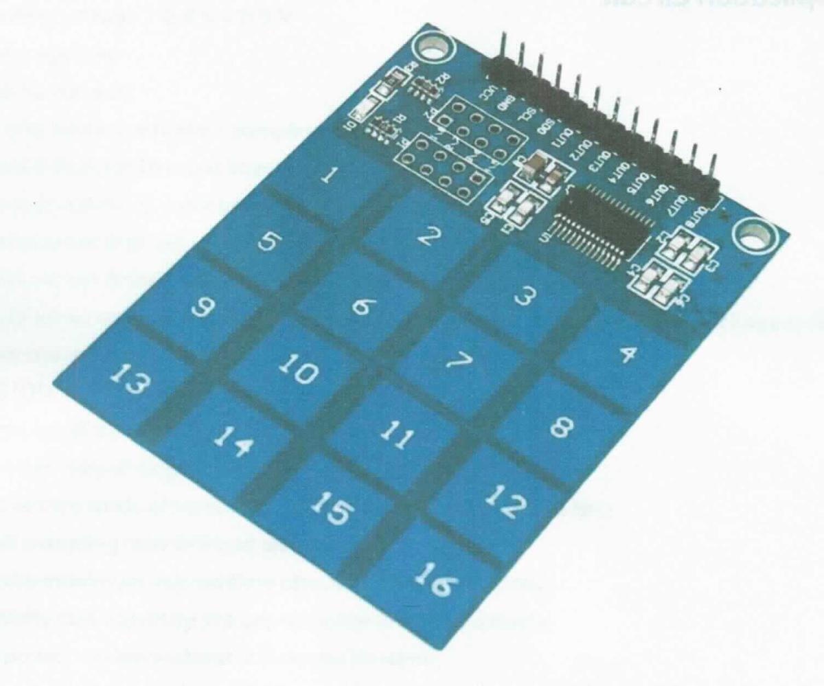 Bedien- und Steuergerät für ein sog. Mikrocontroller-Board, Keypad TTP229 4x4, 
aus einer mit aktiven (Mikroprozessor, sog. Touchsensor IC) und passiven Bauelementen bestückten elektronischen Schaltung (Abmessungen: 65 mm x 50 x 11 mm), mit einer Steckerleiste mit zwölf Stiften an einer Seite (siehe Abbildung), 16 berührungsempfindlichen Schaltern (Touch Pads), für eine Betriebsspannung von 2,4 bis 5,5 Volt, zum variablen Schalten von bis zu 16 digitalen Signalausgängen. 

Die Ware ist als "speicherprogrammierbare Steuerung, für eine Spannung von 1000 V oder weniger, nicht von den Unterpositionen 8537 1010 bis 8537 1091 70 erfasst" einzureihen.