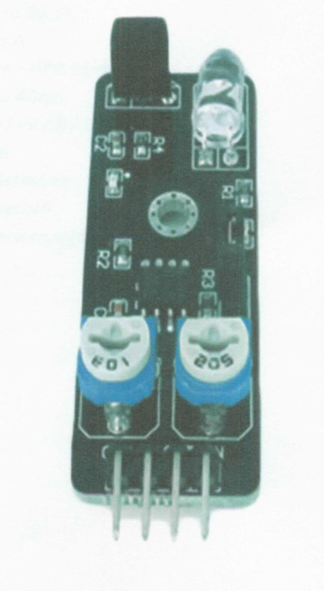 Sogenannter Hindernissensor, im Wesentlichen bestehend aus einer mit einem Infrarotsender, einem Infrarotempfänger, einer elektronischen integrierten Schaltung, zwei Potentiometern, vier Anschlusskontakten, einer Steckbrücke, einer Status-LED sowie weiteren Bauelementen bestückten Platine (siehe Abbildung in der Anlage). Die von Sender emittierte Strahlung wird von Messobjekten reflektiert und vom Empfänger aufgenommen. Die Empfangsdistanz (2 - 40 cm) kann über die Potentiometer justiert werden. Das Modul ist als Hindernissensor einsetzbar.
Die Ware wird als "optisches Gerät zum Messen oder Prüfen, in Kapitel 90 anderweit weder genannt noch inbegriffen, anderes als in Unterposition (HS) 9031 10 bis 9031 41 genannt, kein Profilprojektor" eingereiht.