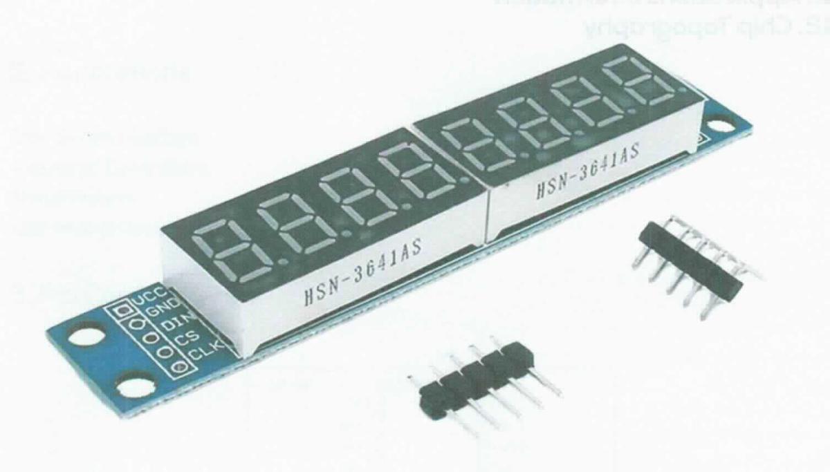 7-Segment-Leuchtdiodenanzeige (MAX7219 Led Modul 8 Bit 7-Segmentanzeige)
- aus zwei mit mehreren Leuchtdioden in Chipform bestückten gedruckten Schaltungen
  mit Anschlusspins und spezifisch geformtem Anzeigenblock mit lichtleitenden Segmenten,
  angeordnet in Form einer Acht mit jeweils einem Punkt daneben, zusammen auf einer
  gedruckten Schaltung mit Treiber IC aufgebracht (Abbildung siehe Anlage),
- nach Einbau bzw. Anschluss an unterschiedliche Geräte ausschließlich zur Darstellung
  von alphanumerischen Zeichen bestimmt.

"Elektrisches Sichtsignalgerät, kein Gerät der Positionen 8512 und 8530, kein Alarmgerät,
 Anzeigetafel mit Leuchtdiodenanzeige (LED) - 7-Segment-Leuchtdiodenanzeige"