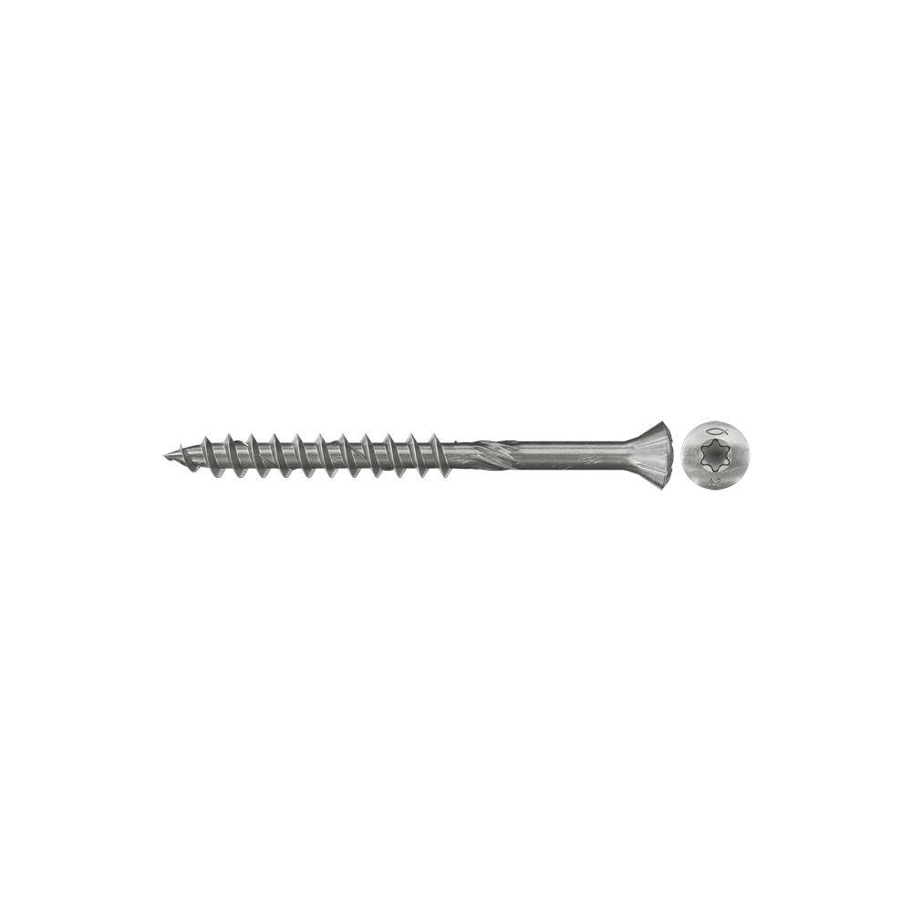 Es handelt sich um aus nicht rostendem Stahl gefertigte Schrauben mit Senkkopf mit Innensechsrund ("Torx", geschützte Marke) und mit einem nicht bis zum Kopf reichenden Gewinde, das teilweise als Doppelgewinde ausgearbeitet und teilweise mit Schneidkerben versehen ist. Das Gewindeende ist spitz. Oberhalb des Gewindes ist ein sog. Drallschaft ausgeformt. An der Kopfunterseite befinden sich Fräsrippen.
Jeweils 200 Schrauben sind in einer Faltschachtel verpackt.
Gewindedurchmesser: etwa 4,5 mm.
- Antragstellerangaben -

Abbildung siehe Anlage. 

Derartige Erzeugnisse gehören als "andere Holzschrauben aus nicht rostendem Stahl" zum TARIC-Code 7318 1210 90.