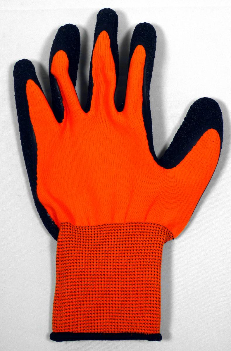 Fingerhandschuhe, sog. Arbeitshandschuhe, Art. Nr.: 733288, in Größe L/9, Foto siehe Anlage,
- als Fünffingerhandschuhe gearbeitet, abgepasst gewirkt,
- aus buntgewirkten Gewirken aus laut Antrag Polyester (synthetische Chemiefasern),
- nachträglich mit Ausnahme des größten Teils des Bündchens, des Handrückens und von Teilen der
  Fingerrückseiten einseitig (Außenseite) im Tauchverfahren mit Kautschuk (laut Antrag: Latex; keine
  Zellstruktur erkennbar) überzogen,
- mit elastischen Bündchen,
- am unteren Rand durch eine kontrastfarbene Überwendlichnaht gesäumt.

"Fingerhandschuhe, aus Gewirken, mit Kautschuk überzogen"