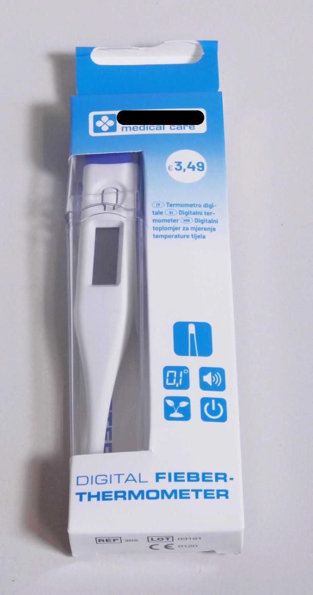 Sog. Fieberthermometer digital, im Wesentlichen bestehend aus einem ca. 124 x 18 x 9 mm (L x B x H) großen, länglichen, wassergeschützten Gehäuse, welches auf der Oberfläche mit einem Bedienknopf (Ein- / Aus- Taste) und einer Flüssigkristall-Anzeige versehen ist. Die sich verjüngende Spitze des Thermometers ist mit einem etwa 8 mm langen Messkopf versehen, welcher die Temperatur in einem Messbereich von ca. 32,0 °C bis 42,9 °C misst. Am anderen Ende des Thermometers befindet sich das Batteriefach, in dem eine Knopfzelle enthalten ist.

Zur äußeren Form siehe Abbildung in der Anlage.

Das Thermometer dient zur Messung der Körpertemperatur von Menschen, speichert den zuletzt gemessenen Wert und gibt Tonsignale beim Ende der Messzeit ab. Die Ware ist inklusive einer transparenten, zweiteiligen und stabilen Schutzhülse aus Kunststoff, die zur dauerhaften Aufbewahrung geeignet ist, mit einer eingelegten Knopfzelle und einer Bedienungsanleitung (de-minimis-Regel) in einem bedruckten Pappkarton verpackt. 

Das Erzeugnis wird als "elektronisches Thermometer, nicht mit anderen Instrumenten der Position 9025 kombiniert, anderes als unmittelbar ablesbar und flüssigkeitsgefüllt" eingereiht.