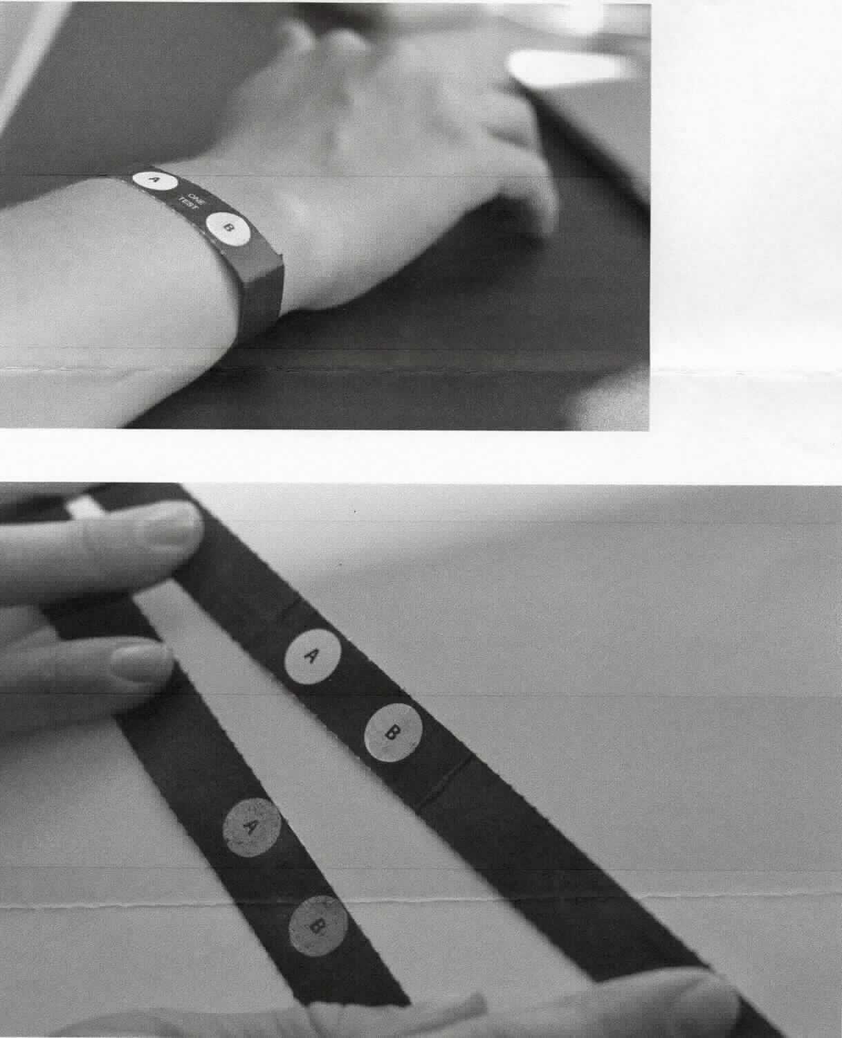 Angaben:
K.O.-Tropfen-Schnelltest-Armband zum Testen von Getränken. Das Armband besteht aus einem Streifen Pappe, auf dem sich zwei Reaktionsfelder mit einem Durchmesser von 0,5 cm befinden: Feld A für den Nachweis von Ketamin, Feld B für den Nachweis von GHB (Gammahydroxybuttersäure). Einige Tropfen des Getränks werden auf die Testfelder gegeben, eine Blaufärbung soll das Vorhandensein von Ketamin bzw. GHB anzeigen. Der Nachweis soll durch eine chemische Reaktion erfolgen.

Befund:
Diagnostik- oder Laborreagenzien auf einem Träger und zubereitete Diagnostik- oder Laborreagenzien, auch auf einem Träger, ausgenommen Waren der Position 3002 oder 3006.