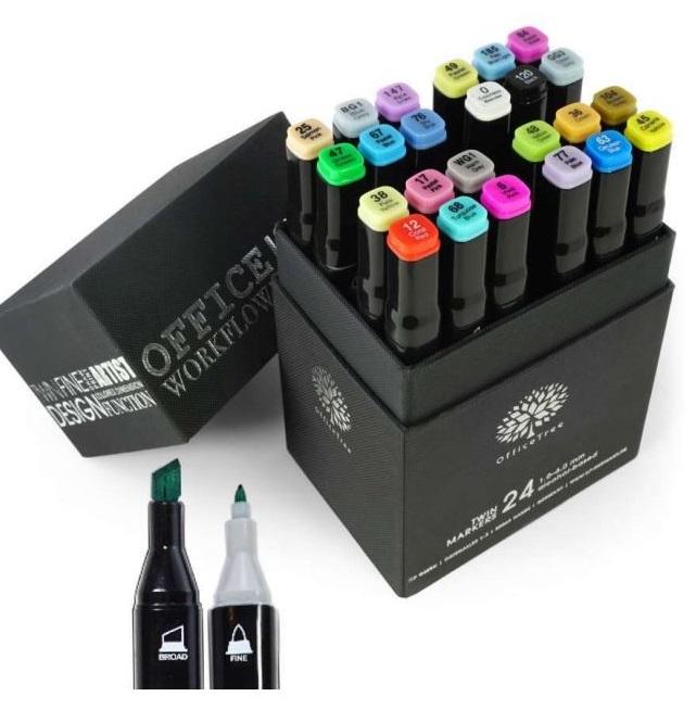 Bei dem sog. "24er Set Twin Marker Duo", handelt es sich um ein Set bestehend aus 24 doppeltspitzigen Stiften in diversen Farbtönen. Die Stifte können sowohl mit der dünnen Spitze als auch mit der dicken Spitze zum Malen verwendet werden.

Die Mine ist von einem schwarzen Kunststoffgehäuse umschlossen. Die aus dem Gehäuse herausragenden Keilspitzen werden durch abnehmbare Verschlusskappen aus buntem Kunststoff geschützt. Die Stifte eignen sich zum Beschreiben von Oberflächen.

Die Markerstifte befinden sich in einem speziell dafür hergerichteten Kasten.

Die Ware ist als "Schreiber und Markierstifte, mit Filzspitze oder anderer poröser Spitze" einzureihen.