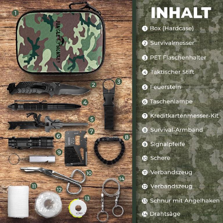Bei der als Überlebensset bezeichneten Ware handelt es sich um eine Warenzusammenstellung in Aufmachung für den Einzelverkauf, bestehend aus
- einem Survivalmesser,
- einem Flaschenhalter,
- einem taktischen Stift,
- einem Feuerstein,
- einer Taschenlampe,
- einem Kreditkartenmesser-Kit,
- einem Survival-Armband,
- einer Signalpfeife,
- einer Verbandschere,
- Verbandszeug,
- einer Schnur mit Angelhaken und
- einer Drahtsäge.
Alle Gegenstände sind in einer Box verpackt.

Bei dem taktischen Stift handelt es sich um eine aus verschiedenen Bestandteilen zusammengesetzte Ware, bestehend aus einem Glasbrecher und einem Kugelschreiber mit nicht flüssiger Tinte und auswechselbarer Mine, gemeinsam in einem Aluminiumgehäuse mit Gürtelclip. Der Kugelschreiber ist der charakterbestimmende Bestandteil der aus verschiedenen Bestandteilen zusammengesetzte Ware im Hinblick auf die Verwendung.

Innerhalb der Warenzusammenstellung ist der Kugelschreiber auf Grund des Wertes der charakterbestimmende Bestandteil.

Die Warenzusammenstellung ist als Kugelschreiber, nicht mit flüssiger Tinte, mit auswechselbarer Mine einzureihen.
