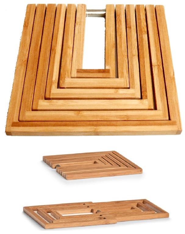 Topfuntersetzer, Art. 25301 (Abbildung siehe Anlage),
- in rechteckiger Form, bestehend aus sechs U-förmigen Bambusleisten, die beweglich
  an einer Stange aus unedlem Metall befestigt sind (Abmessungen ca. 19 x 19 x 1cm),
- zur Verwendung bei Tisch (z.B. zum Abstellen von heißem Kochgeschirr).

Aufgrund der Bedeutung für die Verwendung bestimmt das Holz den Charakter des Ganzen.

"Holzwaren zur Verwendung bei Tisch oder in der Küche, aus Bambus, weder Brotbretter,
 Schneidebretter und ähnliche Bretter noch Essstäbchen (zusammengesetzte Ware aus
 Holz - charakterbestimmend - und unedlem Metall) ; sog. Topfuntersetzer"
