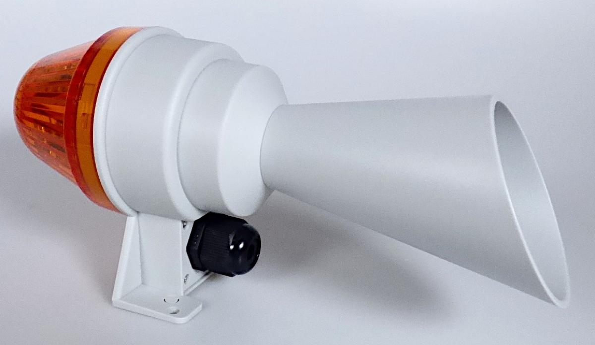 Kleinhupe mit LED-Signalleuchte COBLHP582GT24AL (Abbildung siehe Anlage),
- mit einer akustischen und optischen Alarmvorrichtung
  in einem runden zylindrischen Kunststoffgehäuse mit Schalltrichter und obenliegender
  LED-Signalleuchte mit gelber Linse (Abmessungen: 223 x 74 mm), mit Montagewinkel
  und Kabeldurchführung (IP65), für eine Spannung von 24 V DC,
- zum Abgeben eines akustischen Signals (Dauerton/Pulston, ca. 98 dB) bzw. akustischen und optischen
  Signals (Dauerlicht/Blinklicht) nach Erhalt des Auslösesignals (Anschlussabhängig),
- in gemeinsamer Verkaufsverpackung mit Beipack (Ersatzschrauben f. Platinenbefestigung,
  Installationsanleitung).
Das Signalgerät bestimmt den Charakter der Warenzusammenstellung.

"Elektrisches Hör- und Sichtsignalgerät, kein Gerät der Position 8512 der 8530, 
 keine Ware der Unterpositionen (HS) 8531 10 und 8531 20, kein Läutwerk,
 Summer, Türklingel oder ähnliches Gerät, in Warenzusammenstellung in Aufmachung
 für den Einzelverkauf mit nicht charakterbestimmendem Beipack - Kleinhupe mit 
 LED-Signalleuchte"