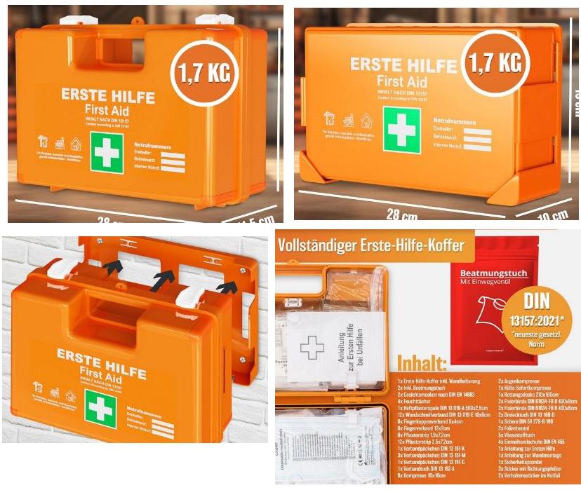 Taschen mit Apothekenausstattung; Erste-Hilfe-Koffer

Bei der Ware handelt es sich um einen orangefarbenen Kunststoffkoffer, der Verbandmaterial und weitere Apothekenausstattung für Erste Hilfe enthält. Laut Antragsangaben entspricht der Inhalt den Vorgaben der DIN 13157:2021. Der Erste-Hilfe-Koffer wird in zwei verschiedenen Größen angeboten. Die Ware wird mit einer Wandhalterung zum Befestigen des Koffers geliefert. 

Es handelt sich um ein Behältnis mit Apothekenausstattung für Erste Hilfe, das in die Unterposition 3006 5000 der Kombinierten Nomenklatur einzureihen ist.
