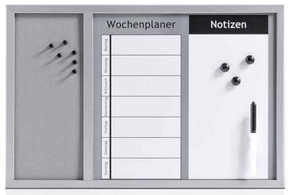 Bei der als "Kombitafel 3-in1, Art. 11553" bezeichneten Ware handelt es sich um eine Warenzusammenstellung in Aufmachung für den Einzelverkauf, bestehend aus:

- drei Dauermagneten
- sechs Pinnwandsteckern
- einem Stift mit Kunststoffgehäuse und poröser Spitze
- einem Stifthalter aus Kunststoff
- einer aus verschiedenen Bestandteilen zusammengesetzten Ware, hierbei handelt es sich um eine Tafel mit Holzrahmen und eine Presskorkplatte (Pinnwand). Die Tafel besitzt eine wiederbeschreibbare Vorderseite aus Kunststoff mit dauerhaften Beschriftungen (Wochentage) und ein darunterliegendes magnetisches Feinblech und Pappe. Mit einer etwa doppelt so großen Fläche wie die Presskorkplatte bestimmt die Tafel den Charakter der zusammengesetzten Ware.

Die Magnete und Pinnwandstecker lassen sich an der Tafel bzw. Presskorkplatte anbringen und der Stift ist zum Beschreiben der Tafel geeignet.

Der Charakter der Warenzusammenstellung wird im Hinblick auf die Bedeutung für die Verwendung und aufgrund des äußeren Erscheinungsbildes durch die zusammengesetzte Ware bestimmt.

Die Erzeugnisse sind gemeinsam mit Montagematerial in einer Verkaufsumschließung verpackt.

Die Ware wird als "Tafel zum Schreiben, auch gerahmt" eingereiht.