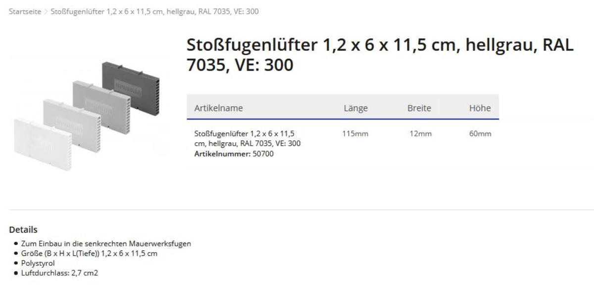 Nach den Angaben der Antragstellerin handelt es sich bei dem durch Abbildungen veranschaulichten Erzeugnis um einen sog. "Stoßfugenlüfter" aus Kunststoffen im Sinne der Anmerkung 1 zu Kapitel 39. Die ca. L 115 mm x B 12 mm x H 60 mm große, quaderförmige Ware ist von innen hohl und vorderseitig mit lamellenartigen Öffnungen versehen. Das Erzeugnis ist auf der Unterseite mit zwei Aussparungen sowie an der Oberseite mit zwei Fortsätzen ausgestattet. Die Ware ist in unterschiedlichen grautönen erhältlich und seitlich mit einem Firmenlogo geprägt.
Der Stoßfugenlüfter dient dem Einbau in die senkrechten Mauerwerksfugen und ermöglicht die ausreichende Belüftung der hinter der Fassade liegenden Bauteile.

Derartige Erzeugnisse werden zolltarifrechtlich als "Baubedarfsartikel aus Kunststoffen, anderweit weder genannt noch inbegriffen, andere als in den TARIC-Codes 3925 1000 00 bis 3925 9020 00 genannt" eingereiht.