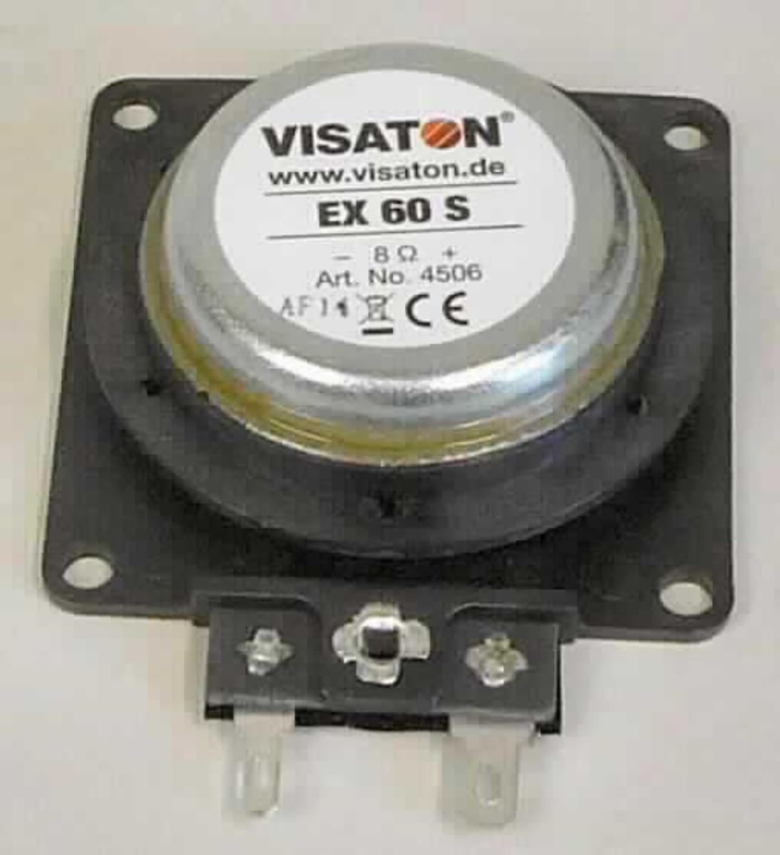 Einbaulautsprecher, elektrodynamischer Exciter Ex 60S, Art-Nr.: 4506 - 8 Ohm
- aus einem Lautsprecher (Durchmesser: 54 mm) an einer rechteckigen Montageplatte
  (Abmessungen: 58 x 58 mm) mit vier Bohrungen und elektrischen Anschlusskontakten,
  Abbildung siehe Anlage,
- mit einer Nennleistung von 10 W und einer Impedanz von 8 Ohm,
- zum Anbau an schwingfähige Flächen,
- zum Umwandeln von elektrischen Tonfrequenzsignalen in Biegewellenschwingungen in Platten.

"Lautsprecher ohne Gehäuse, nicht von der für Telekommunikationszwecke verwendeten Art, 
 nicht für zivile Luftfahrzeuge - elektrodynamischer Exciter"