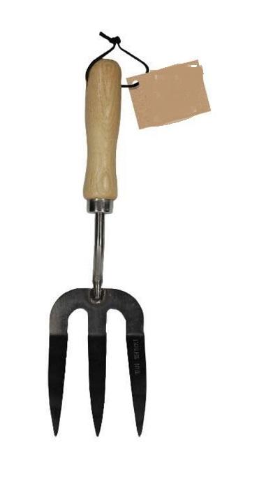 "Forke"

- mit freiem Arm zu handhabendes Erzeugnis in Form einer Gabel mit drei
   geraden Zinken aus unedlem Metall (Stahl) und einem Handgriff aus 
   Holz

- Abmessungen: etwa 5,2 x 9,8 x 28,4 cm

- zum Lockern und Heben von Erde zwischen Pflanzen

Abbildung siehe Anlage.

Derartige Erzeugnisse gehören als "andere Handwerkzeuge für
die Gartenbau, mit arbeitendem Teil aus unedlem Metall" zur 
Codenummer  8201 9000 00 0 des Zolltarifs.