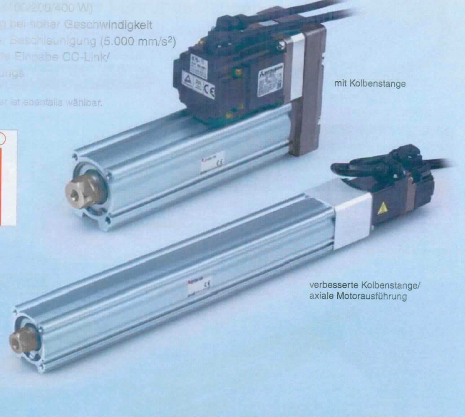Elektrischer Zylinder, 
rotierender bürstenloser Gleichstromelektromotor (Schrittmotor) mit einer Leistung von ca. 50 W bei 24 VDC (Haupttätigkeit), in Kombination mit einer Kugelumlaufspindel, in axialer Ausführung, Hub 500 mm, mit Motorbremse und Signalgeber, mit flexiblem Anschlusskabel, für die DIN-Schienenmontage, Gewicht ca. 4,89 kg.

Die Ware ist als "Elektromotor, Gleichstrommotor mit einer Leistung von weniger als 750 W jedoch mehr als 37,5 W, - elektrischer Zylinder" einzureihen.
