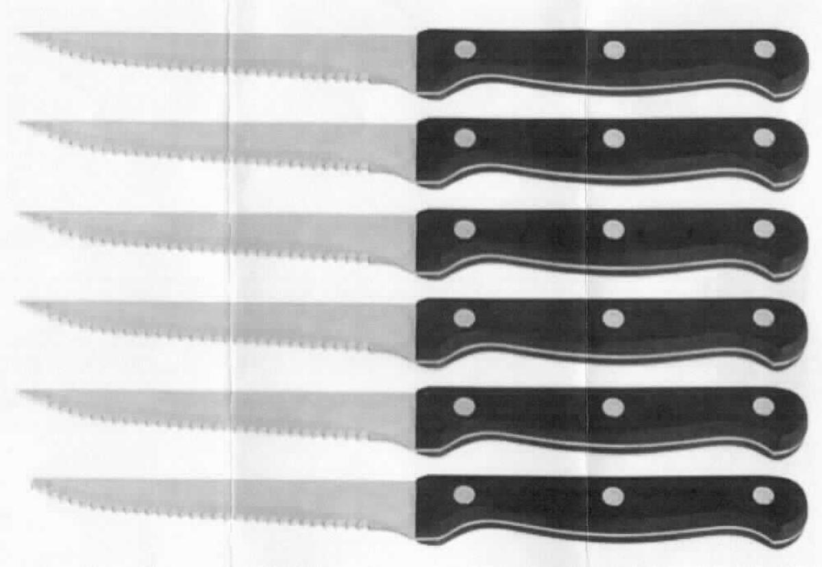 Messer-Set

- bestehend aus sechs identischen Steakmessern, jeweils mit schneidender, feststehender
  Klinge aus Stahl mit Wellenschliff und dreifach genietetem Griff aus Kunststoff

- zum Schneiden von Steaks bei Tisch

(Antragstellerangaben)

Abbildung siehe Anlage.

Derartige Erzeugnisse gehören als "Tischmesser mit schneidender, feststehender Klinge, 
gezahnt, keine Messer der Position 8208, keine Zusammenstellungen, mit arbeitendem Teil 
aus unedlem Metall" zum TARIC-Code 8211 9100 00.