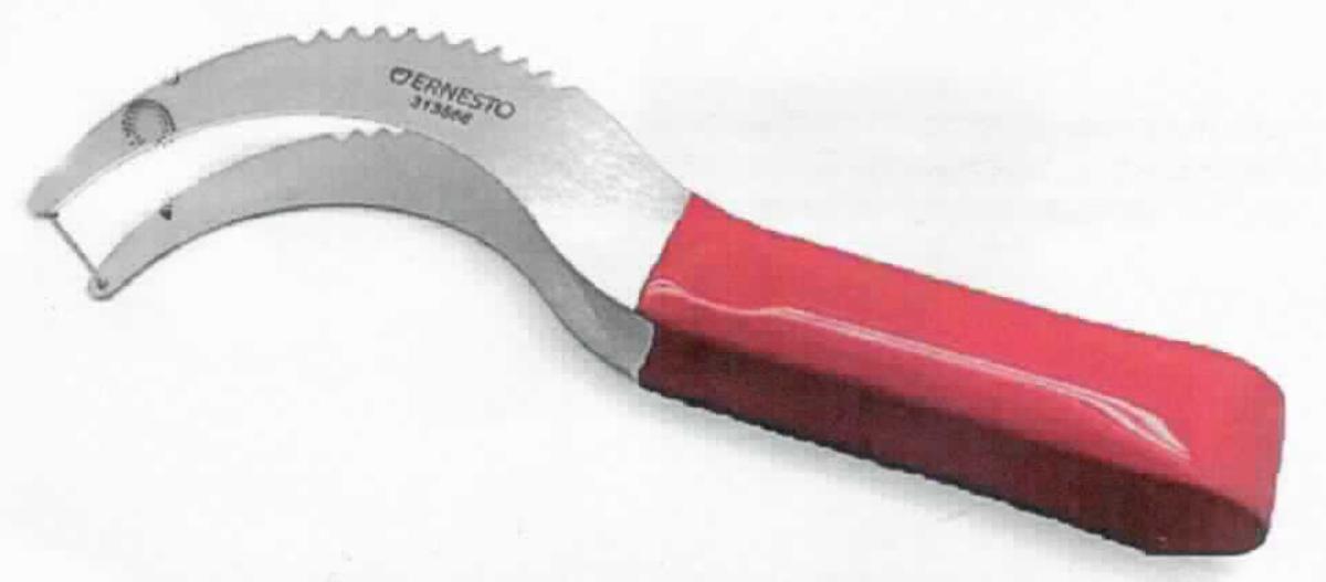 "Melonenschneider"

- in Form eines zuckerzangenförmigen Erzeugnisses, mit kunststoffüberzogenen 
  Griffflächen und sichelförmig gebogenen Schenkeln, die auf einer Seite mit einer 
  groben Zahnung versehen und an den Spitzen mittels eines ca. 38 mm langen 
  Drahtes verbunden sind

- dient sowohl dem Zerschneiden als auch dem Servieren von Melonenstücken; 
  dazu wird die Ware mit dem Draht voraus in die halbierte Melone geführt und 
  an der Schale entlanggezogen, um das Fruchtfleisch von der Schale zu trennen,
  gleichzeitig schneiden die Schenkel das Fruchtfleisch in Streifen; 
  anschließend wird die Ware herumgedreht und das abgeschnittene Stück Melone
  kann durch Zusammendrücken der Schenkel entnommen werden

- aufgrund der verschiedenen Funktionen gehört die Ware in Anwendung der AV 3 c)
  in die zuletzt genannte der gleichermaßen in Betracht kommenden Positionen

Derartige Erzeugnisse gehören als "den Zuckerzangen ähnliche Waren, mit arbeitendem 
Teil aus nicht rostendem Stahl, andere als in Unterposition 8215 9100 00 genannte" zum 
TARIC-Code 8215 9910 00.