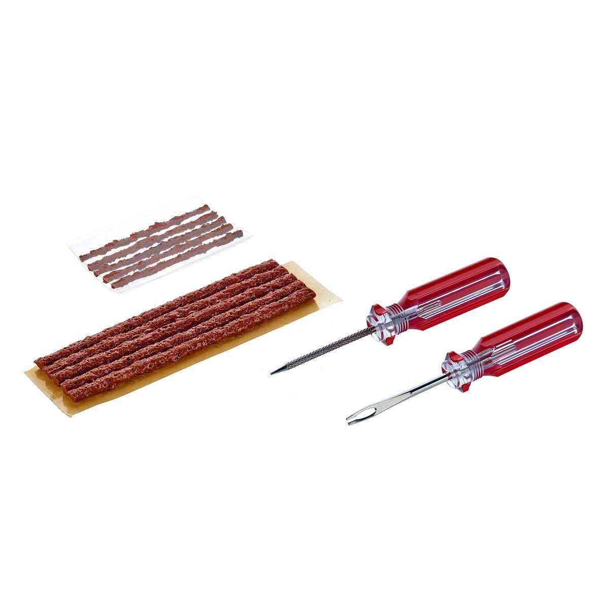 Angaben des Antragstellers:
Flickenset zur Reparatur von schlauchlosen Reifen; dichtet Löcher bzw. Schnitte bis zu einer Größe von 10 mm
· 5x Flicken, Maße: L: ca. 10 cm / B: ca. 3,5 mm
· 5x Flicken, Maße: L: ca. 5 cm / B: ca. 1,5 mm
· inkl. Einführwerkzeug
· inkl. Reinigungswerkzeug

Feststellungen /Untersuchungen an einem Warenmuster:
In einer Verkaufsverpackung befinden sich 10 Schnüre aus vulkanisiertem Naturkautschuk. In der Verpackung befinden sich ebenfalls zwei Werkzeuge zur Reparatur defekter Fahrradreifen.

Befund
Charakterbestimmend für die Zusammenstellung sind die Schnüre aus Weichkautschuk. Das Set wird von der Unterposition (KN) 4007 0000 erfasst.