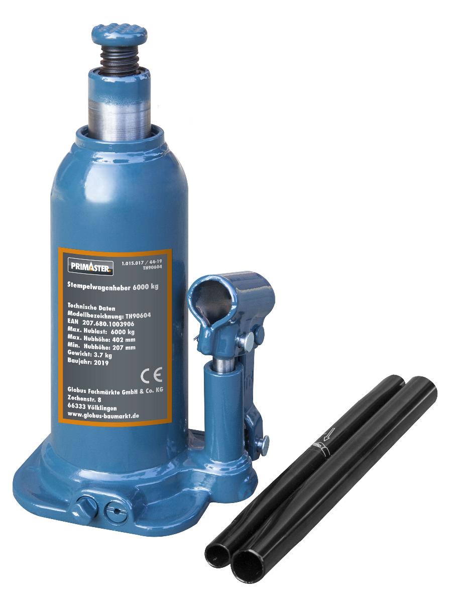 Hydraulischer Stempelwagenheber (Abbildung siehe Anlage)
- aus einer zylindrischen Hubeinheit aus Stahl mit Standfläche, Hubkolben, zweiteiliger Hubstange,
  Stützsattel, Ablassventil, Sicherheitsventil und Hydraulikpumpe mit Hülse für Pumpstange,
- zum manuell betätigten Anheben (Hubbereich 207 - 407 mm) und Absenken von Lasten
  (Fahrzeugen) bis zu einem Maximalgewicht von bis zu 6 t.

"Andere hydraulische Hubwinde, keine ortsfeste Hebebühne - hydraulischer Stempelwagenheber"