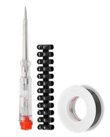 Sog. Installationsset, in Form einer Warenzusammenstellung in Aufmachung für den Einzelverkauf, bestehend aus einem sog. Phasenprüfer (140 mm), einer Rolle Isolierband (4,5 m) sowie einer Lüsterklemme (2,5 mm²) in einer gemeinsamen Verkaufsverpackung (zur äußeren Form: siehe Abbildung in der Anlage).
Der "Phasenprüfer" ist eine zusammengesetzte Ware aus einem Schraubendreher und einem Spannungsprüfgerät mit einem Kontaktelement, einem elektrischen Widerstand und einer Glimmlampe. Er dient dem Prüfen von Spannungen im Bereich von 100 bis 250 V. 
Steht der elektrische Leiter unter Spannung wird dies bei Kontakt mit der Schraubendreherklinge durch das Aufleuchten der Glimmlampe angezeigt.
Das Spannungsprüfgerät bestimmt in Bezug auf die Verwendung sowohl den Charakter der Warenzusammenstellung als auch der zusammengesetzten Ware. 
Die Ware wird als "Gerät zum Prüfen elektrischer Größen (Spannung), keine Ware der Unterpositionen (KN) 9030 3100 bis 9030 3320" eingereiht.