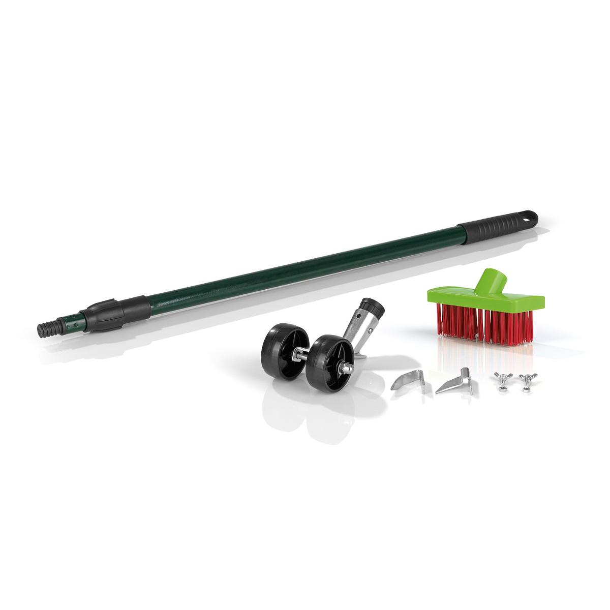 "Fugenreiniger Outdoor 3in1"

Warenzusammenstellung in Aufmachung für den Einzelverkauf, bestehend aus

- einem noch nicht zusammengesetzten Fugenkratzer, in Form eines 
  Teleskopstabes, an dessen Ende sich zwei Rollen aus Kunststoff befinden,
  mittig hinter den Rollen ist eine gebogene Klinge aus Stahl (arbeitender Teil)
  angebracht (Pos. 8201)

- einer auswechselbaren Klinge, vollständig aus Stahl (Pos. 8208)

- einem auswechselbaren Besenaufsatz aus Kunststoff (Pos. 9603)

- zum Entfernen von Unkraut und Moos aus Pflasterfugen und zum
  anschließenden Fegen

- gemeinsam in einem Karton verpackt

Die Ware der Pos. 8201 bestimmt im Hinblick auf den Wert den Charakter
der Warenzusammenstellung.

Abbildungen siehe Anlage.

Derartige Erzeugnisse gehören als "andere Handwerkzeuge für den Gartenbau,
mit arbeitendem Teil aus unedlem Metall" zur Codenummer 8201 9000 00 0 des
Zolltarifs.