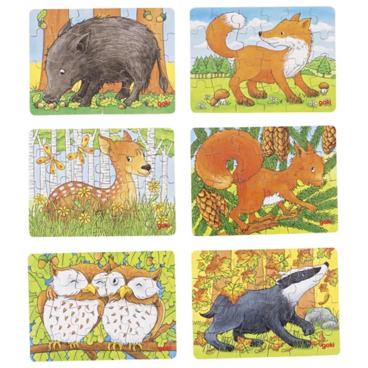 Bei dem als „Artikel 57709 - Minipuzzle Waldtiere, 6fach“ bezeichneten Erzeugnis handelt es sich um ein Puzzle,
- aus Holz gefertigt und auf der Schauseite mit einer dünnen Schicht aus bedrucktem Papier versehen,
- in den Abmessungen von ca. 16,6 cm x 12,3 cm,
- aus 24 spezifisch geformten Puzzleteilen, die so mit Ein- und Ausbuchtungen versehen sind, 
  dass sie sich in einer bestimmten Reihenfolge aneinanderlegen lassen,
- in sechs verschiedenen Varianten erhältlich, die zusammengesetzt jeweils ein anderes
  Waldtier darstellen (Fuchs, Eule, Eichhörnchen, Wildschwein, Dachs, Reh),
- ohne Hinweis auf Fertigung in Handarbeit,
- dient der spielerischen Unterhaltung von Kindern,
- in einer bedruckten Pappschachtel verpackt.

Im Hinblick auf die Formgebung und den Umfang bestimmt das Holz den Charakter der aus verschiedenen Stoffen bestehenden Ware.

Derartige Erzeugnisse werden zolltarifrechtlich als „Puzzle, aus Holz, nicht handgearbeitet" eingereiht.
