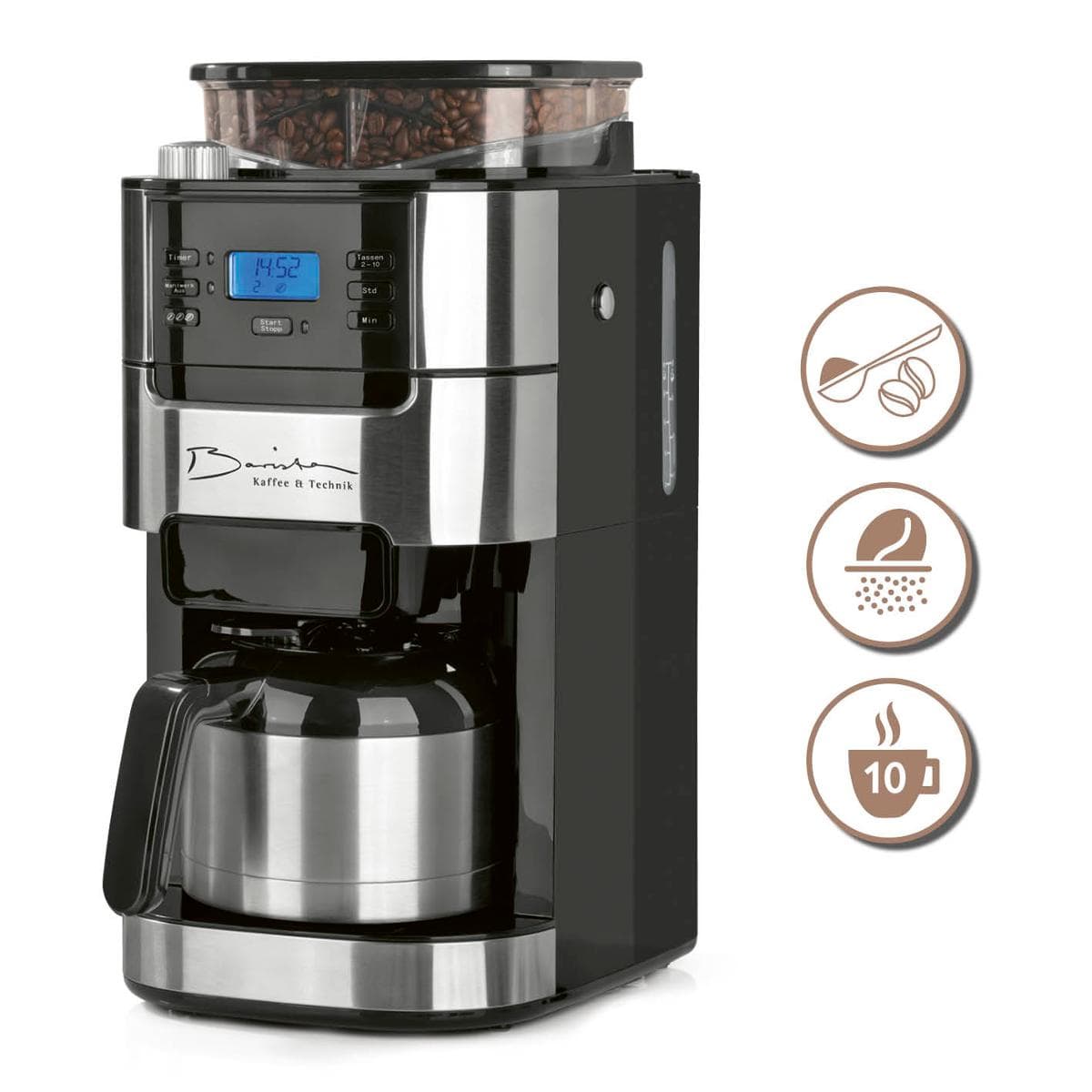 Kaffeemaschine, Artikelnummer 04570 (Abbildung siehe Anlage)
- aus einer Brüheinheit in einem Gehäuse mit schwenkbarem Filterfach, herausnehmbarem Filtereinsatz, Wassertank, speziell abgestimmter Kaffeekanne mit Deckel (Füllmenge: 1 l), Bedienfeld mit Display, Mahlwerk, Bohnenbehälter mit Deckel, Timer, Zeitanzeige und Netzkabel,
- für eine Leistung von 850 - 1.000 W,
- zur Verwendung im Haushalt zum Zubereiten von bis zu 10 Tassen Kaffee bestimmt,
- zusammen mit Beipack (Dosierlöffel, Permanentfilter, Gebrauchsanleitung) in einer gemeinsamen Verkaufsumschließung.
Die Kaffeemaschine bestimmt den Charakter des Ganzen.

"Elektrowärmegerät für den Haushalt, anderes Elektrowärmegerät als in den Unterpositionen 8516 5000 bis 8516 6090 genannt, Kaffeemaschine, in Warenzusammenstellung in Aufmachung für den Einzelverkauf mit nicht charakterbestimmendem Beipack"
