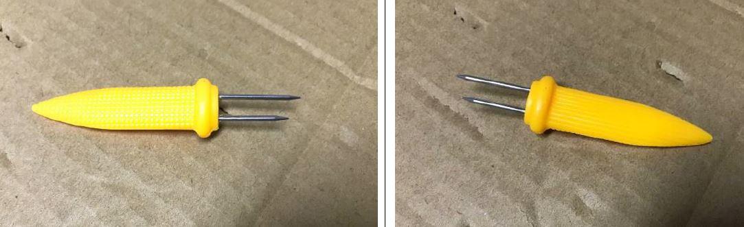 "Maiskolbenhalter"
 
- mit freiem Arm zu handhabendes Erzeugnis, bestehend aus zwei
  unterschiedlich langen, zylinderförmigen, nach vorne spitz zulaufenden
  Stäben (arbeitender Teil) aus Stahl, parallel an einem Griff aus Kunststoff
  in Form eines stilisierten Maiskolbens angebracht
 
- dient zum Halten von Speisen (z. B. Maiskolben)
 
- acht Erzeugnisse gemeinsam auf einem bedruckten Pappkarton aufgeblistert
 
(Antragstellerangaben)
 Abbildung siehe Anlage. 
 
Derartige Erzeugnisse gehören als "den Gabeln ähnliche Waren, mit arbeitendem
Teil aus anderem als nicht rostender Stahl, andere als Zusammenstellung, nicht
versilbert, vergoldet oder platiniert" zur Codenummer 8215 9990 00 0 des Zolltarifs.
