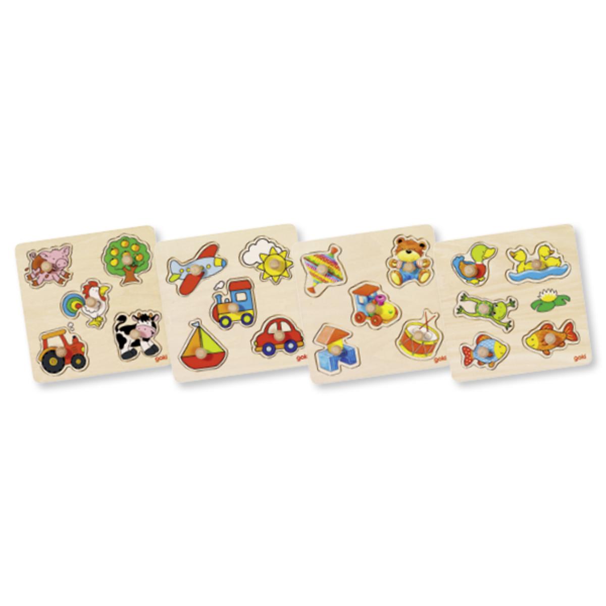 Spielzeug in Form eines Puzzles, sog. "Artikel 57545 - Steckpuzzle Powerdisplay"
- in den Abmessungen von ca. 21,0 x 21,0 x 2,4 cm
- aus Holz gefertigt und auf der Oberseite mit bunt bedrucktem Papier versehen
- fünfteilig, die einzelnen Teile sind an der Oberseite mit einem kleinen Holzgriff versehen,
  die in Vertiefungen der Holzplatte gelegt werden sollen
- mit vier verschiedenen Motiven: Bauernhof, Verkehrsmittel, Spielzeug und Tieren
- dient der spielerischen Unterhaltung von Kindern
- ohne Hinweis auf Fertigung in Handarbeit
- in einer Klarsichtfolie mit Pappeinleger aufgemacht und zu acht Stück in einem
  Pappkarton verpackt.

Auf Grund der Formgebung und des Umfangs bestimmt das Holz gegenüber dem Papier den Charakter des aus verschiedenen Stoffen bestehenden Puzzles.

Die Ware wird zolltarifrechtlich als "Puzzle, aus Holz, nicht handgearbeitet" eingereiht.
