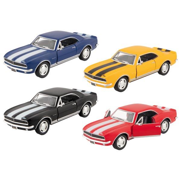 Bei der als “Camaro Z (1967), Artikelnummer 12290“ bezeichneten Ware handelt es um ein Spielzeug in Form eines Modells in verschiedenen Farbausführungen,
- einen “Camaro Z, Baujahr 1967“ darstellend (Maßstab 1:37),
- in den Abmessungen von ca. 50 mm x 31 mm x 127 mm (B x H x T),
- bestehend aus einer Karosserie aus unedlem Metall,
- mit einem Unterboden sowie Innenraum aus Kunststoff und vier beweglichen Rädern aus
  Kunststoff oder Kautschuk,
- mit zwei sich öffnenden Türen,
- mit zwei parallel verlaufenden Streifen versehen,
- mit einem Rückzugmotor ausgestattet,
- dient der spielerischen Unterhaltung von Kindern,
- in einem 12er Display verpackt.

Aufgrund des äußeren Erscheinungsbildes und des Umfangs bestimmt das unedle Metall den Charakter der aus verschiedenen Stoffen bestehenden Ware.

Derartige Erzeugnisse werden zolltarifrechtlich als „anderes Modell als von den Unterpositionen (KN) 9503 0010 bis 9503 0070 erfasst, mit eingebautem Motor, nicht aus Kunststoff“ eingereiht.