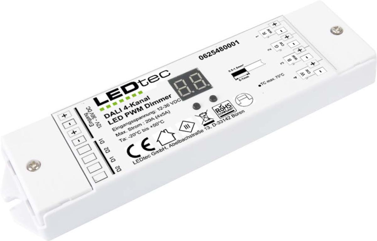Gerät zum elektrischen Steuern, sog. DALI-Dimmer,
bestehend aus einer elektronischen Schaltung mit verschiedenen aktiven (u.a. Transistoren) und
passiven (u.a. Kondensatoren) Bauelementen auf einer Leiterplatte, in einem annähernd
quaderförmigen Gehäuse aus weißem Kunststoff, ca. 178 x 45 x 18 mm groß, mit elektrischen
Anschlussklemmen an den gegenüberliegenden Stirnseiten, für eine Betriebsspannung von
12 - 36 VDC, mit Steuereingängen (DALI-Bus), zur Steuerung von vier unabhängig voneinander
steuerbaren Ausgangsstromkreisen (je 12 - 36 VDC, abhängig von der Eingangsspannung) mittels
Pulsbreitenmodulation (PWM), zum Einsatz als Dimmer in Beleuchtungsinstallationen.

Die Ware ist als "elektrischer Träger, mit mehreren Geräten der Pos. 8536 ausgerüstet, zum elektrischen Schalten oder Steuern, keine Vermittlungseinrichtung der Position 8517, für eine Spannung von 1000 V oder weniger, nicht von den Unterpositionen 8537 1010 bis 8537 1098 98 erfasst, PWM-Dimmer" einzureihen.