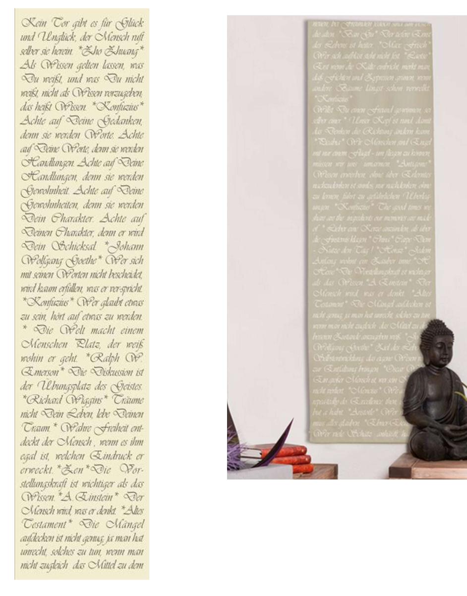Es handelt sich um etwa 50 x 175 cm große, rechteckige Zuschnitte aus einem Vlies aus Spinnstoff, der auf der Schauseite vollflächig mit Text bedruckt ist. An den Schmalseiten sind die Zuschnitte jeweils umgeschlagen und festgenäht. In die Säume ist zum Beschweren jeweils ein Rohr aus Kunststoff geschoben. Durch das obere Kunststoffrohr ist als Aufhängevorrichtung ein Faden aus Nylon gezogen. Die Waren sind gemeinsam mit einem mit Produktinformationen farbig bedruckten Zuschnitt aus Papier in einer klarsichtigen Kunststoffschachtel mit Header mit Eurolochung verpackt.

Abbildung siehe Anlage.

Derartige Waren gehören als "andere Drucke, andere als in den vorgenannten Codenummern" zur Codenummer 4911 9900 00 0 des Zolltarifs.