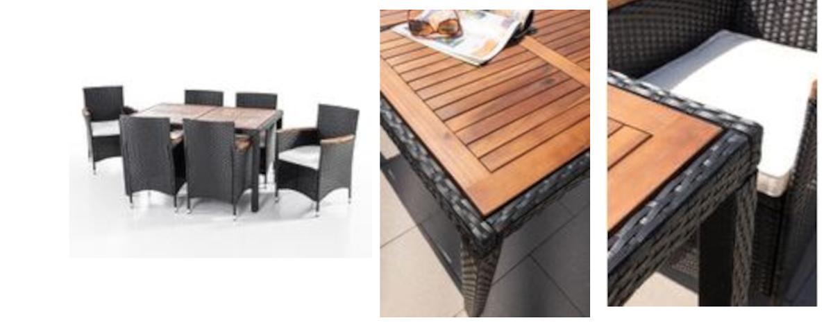 Es handelt sich bei der sog. Polyrattan Sitzgruppe um eine Warenzusammenstellung in Aufmachung für den Einzelverkauf, bestehend aus:

- sechs gepolsterten Sitzmöbeln mit einem Metallgestell und Polyrattan-Geflecht sowie Armlehnen aus Akazienholz; 58 cm x 58 cm x 85 cm (T x B x H) und
- einem Tisch mit einem Metallgestell, Polyrattan-Geflecht und einer zweigeteilten Platte aus Akazienholz; 130 cm x 90 cm x 74 cm (L x B x H).

Die Möbel sind dazu bestimmt, auf den Boden gestellt zu werden und dienen als Einrichtungsgegenstände auf z.B. Terrassen.

Der Tisch ist dazu ausgelegt, während des Sitzens auf den dazugehörigen Sitzmöbeln an ihm zu essen. Da weder der Tisch noch die Sitzmöbel charakterbestimmend sind, erfolgt eine Einreihung in die zuletzt genannte, der gleichermaßen in Betracht kommenden Positionen.

Bei dem aus unterschiedlichen Stoffen zusammengesetzten Tisch wird der stoffliche Charakter der Ware insbesondere aufgrund der Bedeutung als Stabilität verleihendes Element durch das Metall bestimmt.

Die in drei Kartons verpackte Warenzusammenstellung ist als "andere als von den Positionen 9401 sowie 9402 erfasste Möbel, Metallmöbel, nicht von der in Büros verwendeten Art, kein Bett" einzureihen.
