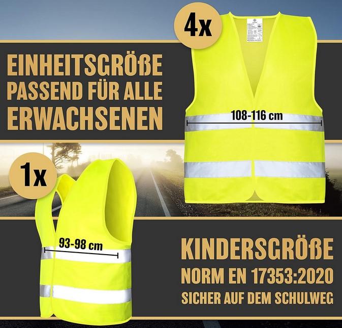 Warnschutz-Set, in Erwachsenen- bzw. Kindergröße, Foto siehe Anlage,
- laut Antrag Zusammenstellung bestehend aus vier Warnwesten in Erwachsenengröße und 
  einem Warnschutz-Überwurf in Kindergröße; gemeinsam in einem Polybeutel mit Aufkleber 
  verpackt,
- keine Einreihung als Warenzusammenstellung, da die Waren nicht der Befriedigung eines
  speziellen Bedarfs (hier unterschiedliche Trägergruppen) dienen; getrennte Einreihung der
  Waren, da die Westen und der Überwurf nicht in eine Position eingereiht werden können,
- Warnschutz-Überwurf:
-- laut Antrag:
--- in der Art eines Überwurfs gearbeitet,
--- (flachliegend gemessen) mit einer Länge von ca. 47 cm und einer Breite von ca. 40 cm,
--- aus ca. 0,4 mm dicken, einfarbigen (signalgelb) Gewirken aus Polyester (synthetische 
    Chemiefasern),
--- seitlich offen, zur Fixierung seitlich in Taillenhöhe mit jeweils zwei elastischen Bändern 
    ausgestattet,
--- vorn mit einem Motivaufdruck verziert,
--- vorn und hinten mit zwei aufgenähten, ca. 5 cm breiten, reflektierenden Streifen aus 
    Geweben aus Spinnstoffen,
--- an den Rändern mit schmalen, kontrastfarbenen Streifen aus Gewirken eingefasst,
--- wird über der Kleidung getragen und dient als Warnschutz,
-- durch Zusammennähen konfektioniert,
-- stellt sich aufgrund der Ausstattung (seitlich offen, nicht in Art einer Weste) und des 
   Verwendungszwecks weder als Kleidungsstück noch als Bekleidungszubehör dar.

"Andere konfektionierte Ware (Warnschutz-Überwurf), aus Spinnstoffen, aus Gewirken"