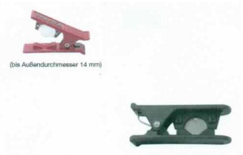 "Schlauchschneider"

- mit freiem Arm zu handhabendes, zweiteiliges, klappbares und annähernd rechteckiges
  Erzeugnis aus Kunststoff, auf einer Seite mit einem Federmechanismus zum Aufklappen
  versehen, auf der anderen Seite mit einer eingesetzter Schneidklinge aus Stahl

- dient zum Schneiden auf Länge von Schläuchen aus Weichkautschuk und Kunststoff bis
  zu einem Außendurchmesser von 14 mm

Abbildung siehe Anlage.

Derartige Erzeugnisse gehören als "den Rohrschneidern ähnliche Handwerkzeuge, mit Klinge
aus unedlem Metall" zum TARIC-Code 8203 4000 00.