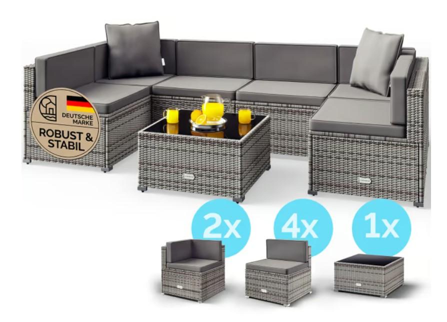 Bei dem Möbel-Set "Polyrattan Ecklounge" handelt es sich um eine Warenzusammenstellung in Aufmachung für den Einzelverkauf bestehend aus:
- einem ca. 73 cm x 65 cm x 32 cm (L x B x H) großen Tisch.
- sechs gepolsterten Sitzmöbeln mit je ca. 75 cm x 65 bzw. 75 cm x 70 cm (L x B x H) großen Sitzelementen, einschließlich zwei Eckelementen. Die Sitzmöbel sind jeweils mit lose aufgelegten, passgenauen Sitz- und Rückenkissen ausgestatteten.

Die Sitzmöbel und der Tisch bestehen jeweils aus einem Aluminiumgestell, das vollständig mit einem Kunststoffgeflecht im Rattan-Design bespannt ist. Der Tisch ist mit einer abnehmbaren Glasplatte ausgestattet und aufgrund der Höhe nicht dazu ausgelegt, während des Sitzens auf den dazugehörigen Sitzmöbeln an ihm zu essen.

Der Charakter der Warenzusammenstellung wird im Hinblick auf die Verwendung und aufgrund des Umfangs von den gepolsterten Sitzmöbeln bestimmt. Die Erzeugnisse sind dazu bestimmt, auf den Boden gestellt zu werden und dienen der Ausstattung von Gärten.

Die in mehreren nummerierten Kartons verpackte Warenzusammenstellung ist als "anderes als von der Position 9402 erfasstes Sitzmöbel, nicht von den Unterpositionen (HS) 9401 10 bis 9401 69 erfasst, mit Gestell aus Metall, gepolstert" einzureihen.