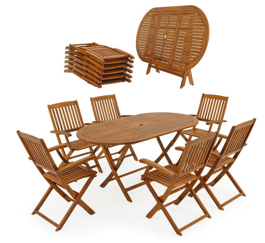 Es handelt sich bei der „Garten-Sitzgruppe" um eine Warenzusammenstellung in Aufmachung für den Einzelverkauf, bestehend aus sechs Sitzmöbeln und einem Tisch.

Die jeweils ca. 57 x 54 x 92 cm (L x T x H) großen, zusammenklappbaren Sitzmöbel mit Holzgestell stellen sich als Stühle mit zwei Armlehnen, einer Sitzfläche und einer Rückenlehne aus Holzstreben an einem Scherengestell dar.
Der ca. 160 cm x 85 cm x 75 cm (L x T x H) große, ovale und zusammenklappbare Tisch aus Holz mit Scharnieren und Gelenken aus Metall verfügt über ein Loch für einen Sonnenschirm (nicht Gegenstand dieser vZTA-Entscheidung).

Die Möbel sind dazu bestimmt, auf den Boden gestellt zu werden und dienen als Einrichtungsgegenstände auf z. B. Terrassen.

Der Tisch ist dazu ausgelegt, während des Sitzens auf den dazugehörigen Sitzmöbeln an ihm zu essen. Da weder der Tisch noch die Sitzmöbel charakterbestimmend sind, erfolgt eine Einreihung in die zuletzt genannte, der gleichermaßen in Betracht kommenden Positionen.

Die noch nicht zusammengesetzte, gemeinsam verpackte Warenzusammenstellung ist als "andere als von den Positionen 9401 und 9402 erfasste Möbel, aus Holz, ohne konkreten Raumbezug" einzureihen.