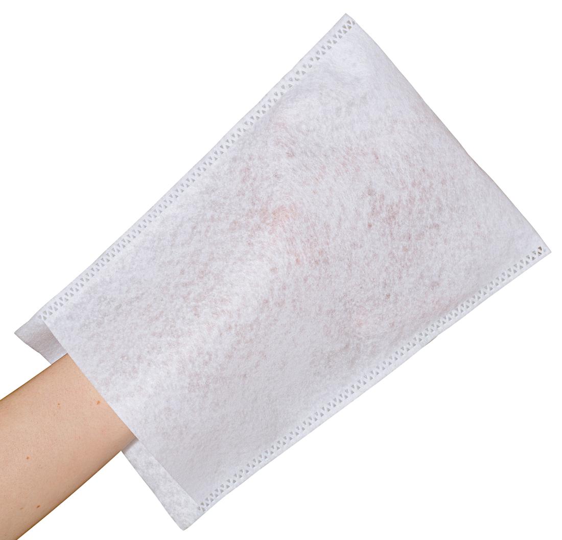 Waschhandschuh, Foto siehe Anlage,
- in einem Polybeutel verpackt,
- in rechteckiger Form, in den Abmessungen (L x B) von laut Antrag 22 cm x 15 cm,
- aus einem ca. 0﻿,﻿4 mm dicken, einfarbigen Vliesstoff aus laut Antrag Polyester und Viskose 
  (beides Chemiefasern),
- an einer Schmalseite umgeschlagen und durch Heißbinden an den beiden Längsseiten zu
  einem Waschhandschuh zusammengefügt (somit konfektioniert),
- wird zur Körperpflege verwendet.

"Wäsche zur Körperpflege (Waschhandschuh), aus Spinnstoffen, aus Chemiefasern, aus Vliesstoff"