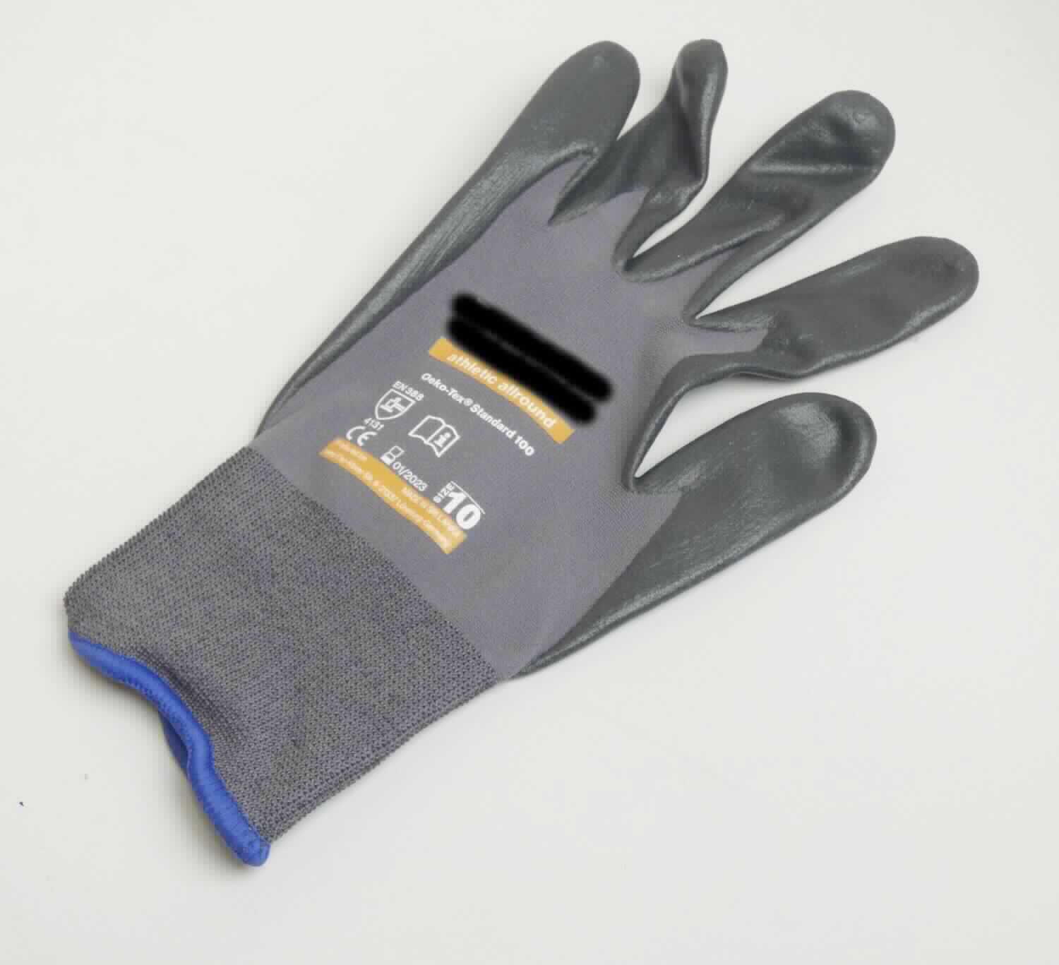 Fingerhandschuhe, sog. Arbeitsschutzhandschuhe "uvex athletic allround", in Größe 10, Foto siehe Anlage,
- als Fünffingerhandschuhe gearbeitet, abgepasst gewirkt,
- aus buntgewirkten Gewirken aus Spinnstoffen, 
- nachträglich mit Ausnahme des größten Teils der Stulpe, des Handrückens und Teilen der Fingerrückseiten 
  einseitig (Außenseite) im Tauchverfahren mit Kautschuk (laut Antrag: Foam NBR; Zellstruktur erkennbar) 
  überzogen,
- auf dem Handrücken bedruckt; das Gewirke dient u. a. damit nicht nur der Verstärkung (somit keine Ware 
  des Kapitels 40),
- am unteren Rand durch eine kontrastfarbene Überwendlichnaht gesäumt.

"Fingerhandschuhe, aus Gewirken, mit Kautschuk überzogen"