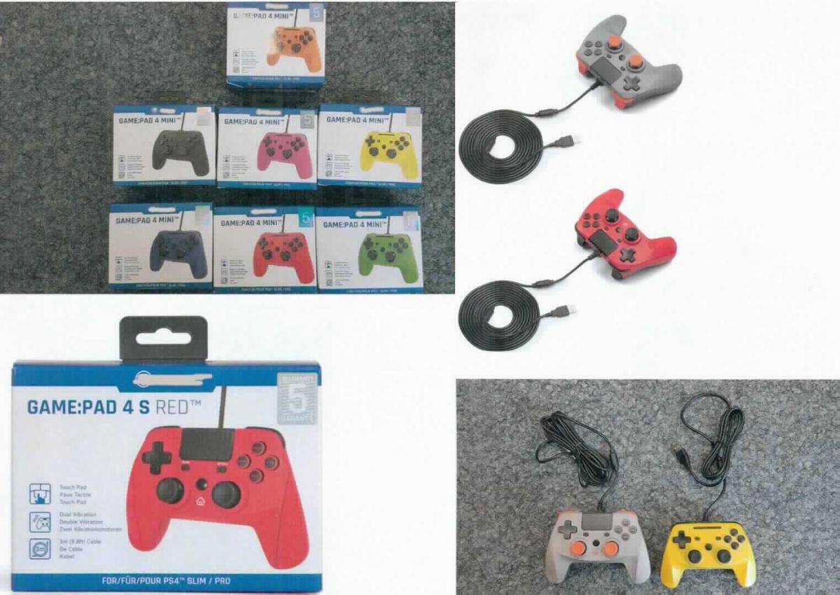 Lt. Anmeldung sowie zusätzlicher Angaben des Anmelders handelt es sich um ein Teil für eine
Videospielkonsole in Form von Gamecontrollern, sog. 
Art.-Nr.: SB910234 snakebyte PS4 Game:Pad 4 S Rock(TM) / EAN 4039621910234,
Art.-Nr.: SB914898 snakebyte PS4 Game:Pad 4 S RED(TM) / EAN 4039621914898,
Art.-Nr.: SB915468 snakebyte PS4 GAME:PAD 4 MINI(TM) (black) / EAN 4039621915468,
Art.-Nr.: SB915505 snakebyte PS4 GAME:PAD 4 MINI(TM) (orange) / EAN 4039621915505,
Art.-Nr.: SB915475 snakebyte PS4 GAME:PAD 4 MINI(TM) (blue) / EAN 4039621915475,
Art.-Nr.: SB915482 snakebyte PS4 GAME:PAD 4 MINI(TM) (green) / EAN 4039621915482,
Art.-Nr.: SB915437 snakebyte PS4 GAME:PAD 4 MINI(TM) (red) / EAN 4039621915437,
Art.-Nr.: SB915451 snakebyte PS4 GAME:PAD 4 MINI(TM) (purple) / EAN 4039621915451,
Art.-Nr.: SB915499 snakebyte PS4 GAME:PAD 4 MINI(TM) (yellow) / EAN 4039621915499,
- mit einem ergonomisch geformten Gehäuse aus verschieden farbigen Kunststoffen,
- mit einem ca. 3 m langen Kabel - lt. Internetrecherche - mit USB-Stecker zum Anschluss an
  eine tragbare Videospielkonsole (hier Playstation 4),
- mit verschiedenen Bedienelementen wie Steuerkreuz, diversen Knöpfen und einem Touchpad. 

Die Waren sind als "Teil, erkennbar hauptsächlich bestimmt für Videospielkonsolen der 
Unterposition (KN) 9504 5000" einzureihen.