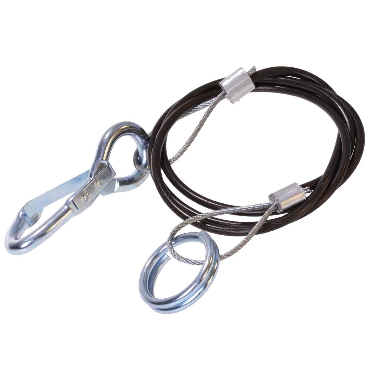 Stahlseil mit Schlaufen; Abreißseil

Bei der  Ware handelt es sich um ein 100 cm langes, verzinktes und mit PVC ummanteltes Stahlseil. Das Seil besteht aus 6 Stahllitzen zu je 7 Stahldrähten. Auf beiden Seiten ist das Stahlseil zu je 50 mm langen Schlaufen geformt (Seilschlingen), die mit einer Metallhülse zusammengehalten werden. Eine der beiden Schlaufen ist mit einem Ring (Außendurchmesser 38 mm), die andere mit einem Haken (Länge 75 mm) versehen. 
Die Ware wird als Abreißseil für Anhänger eingesetzt und blockiert die Bremse des Anhängers falls dieser sich von der Kupplung löst.

Die Ware ist als Seilschlinge aus Eisen oder Stahl in die TARIC-Code 7312 9000 00  einzureihen.