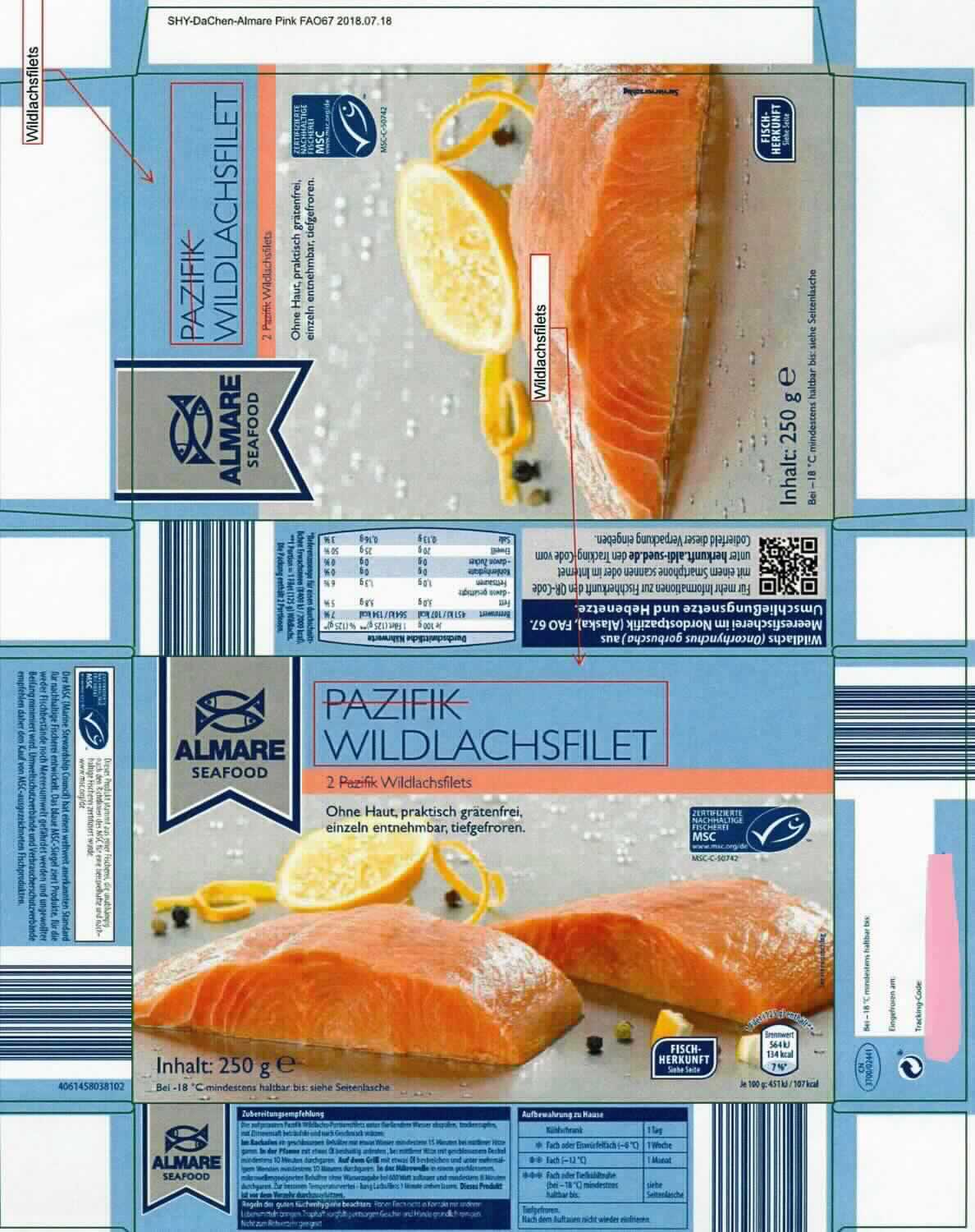 Nach den Angaben der Antragstellerin sowie der vorgelegten Abbildung handelt es sich um rohe, tiefgefrorene Filets von Fischen der Art Oncorhynchus gorbuscha (Pazifischer Lachs), ohne Haut, ohne Gräten und ohne weitere Zusätze. Jeweils zwei Fischfiletstücke sind einzeln entnehmbar in einer Faltschachtel (Inhalt 250 g) für den Einzelverkauf aufgemacht. 

Zolltarifrechtlich handelt es sich um "gefrorene Fischfilets von anderen Fischen als in den Codenummern 0304 6100 00 0 bis 0304 8100 10 0 genannt, vom Pazifischen Lachs".