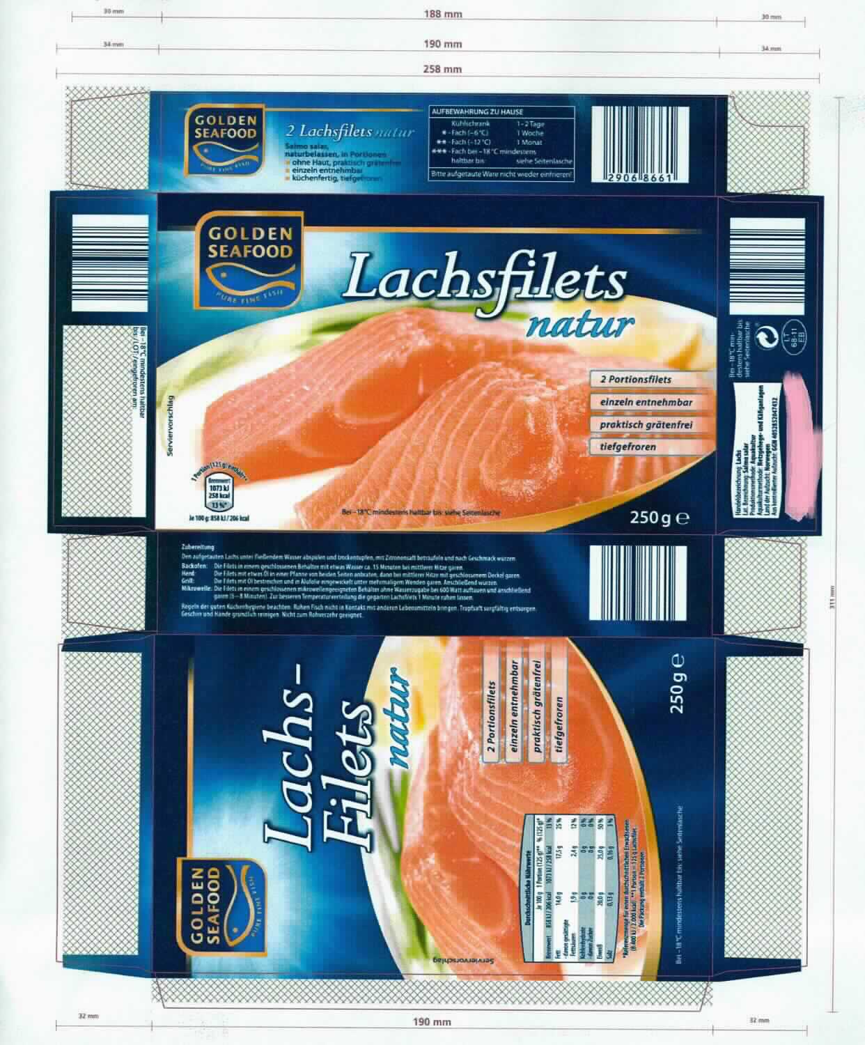 Nach den Angaben der Antragstellerin sowie der vorgelegten Abbildung handelt es sich um rohe, tiefgefrorene Filets von Fischen der Art Salmo salar (Atlantischer Lachs), ohne Haut, ohne Gräten und ohne weitere Zusätze. Jeweils zwei Fischfiletstücke sind einzeln entnehmbar in einer Faltschachtel (Inhalt 250 g) für den Einzelverkauf aufgemacht. 

Zolltarifrechtlich handelt es sich um "gefrorene Fischfilets von anderen Fischen als in den Unterpositionen 0304 61 bis 0304 79 genannt, vom Atlantischen Lachs".