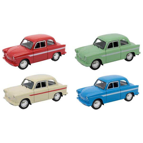 Bei dem durch Antragsangaben, ergänzende Angaben der Antragstellerin und ein Warenmuster veranschaulichten Erzeugnis handelt es sich um ein Modellauto in Form eines Trabant P50,
- in den Abmessungen von ca. 11﻿,﻿4 x ﻿5 x 4﻿,﻿5 cm,
- mit einer Karosserie aus lackiertem Metall,
- mit Unterboden, Innenraum und Scheiben aus Kunststoff,
- mit beweglichen Rädern aus Kunststoff,
- mit zwei zu öffnenden Seitentüren,
- mit eingebautem Rückzugmotor,
- dient der spielerischen Unterhaltung von Personen,
- in einem sog. 12er Display verpackt.

Im Hinblick auf das äußere Erscheinungsbild sowie den Wert bestimmt das unedle Metall den Charakter der aus verschiedenen Stoffen zusammengesetzten Ware. 

Derartige Erzeugnisse werden zolltarifrechtlich als "anderes Modell als von den Unterpositionen (KN) 9503 0010 bis 9503 0070 erfasst, mit eingebautem Motor, nicht aus Kunststoff" eingereiht.